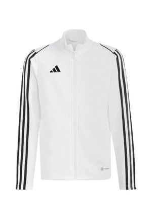 Witte zip-up jas met zwarte drie-strepenaccenten op de mouwen, met een hoge kraag en een zachte textuur. Adidas-logo op de bovenste linkerzijde.