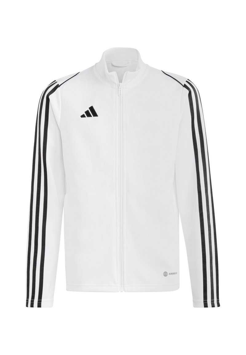 Witte zip-up jas met zwarte drie-strepenaccenten op de mouwen, met een hoge kraag en een zachte textuur. Adidas-logo op de bovenste linkerzijde.