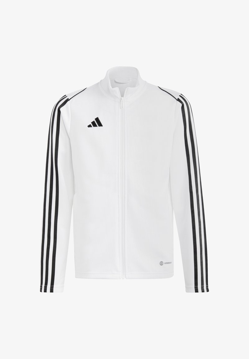 Weiße Zip-Jacke mit schwarzen drei-Streifen-Akzenten an den Ärmeln, ausgestattet mit einem hohen Kragen und weichem Material. Adidas-Logo auf der oberen linken Seite.