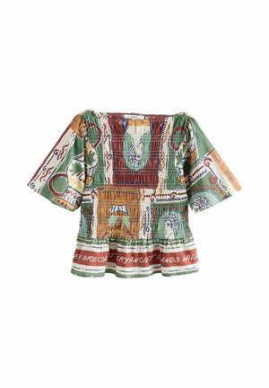 Blusa con scollo quadrato, maniche corte a sbuffo, vita arricciata e stampa astratta multicolore e testuale in verde, marrone, arancione e crema.