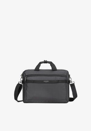 Grauem Laptop-Beutel aus strukturiertem Stoff, mit zwei oberen Griffen, verstellbarem Schultergurt und Frontreißverschlussfach. Mit Markenlogo auf der Vorderseite.