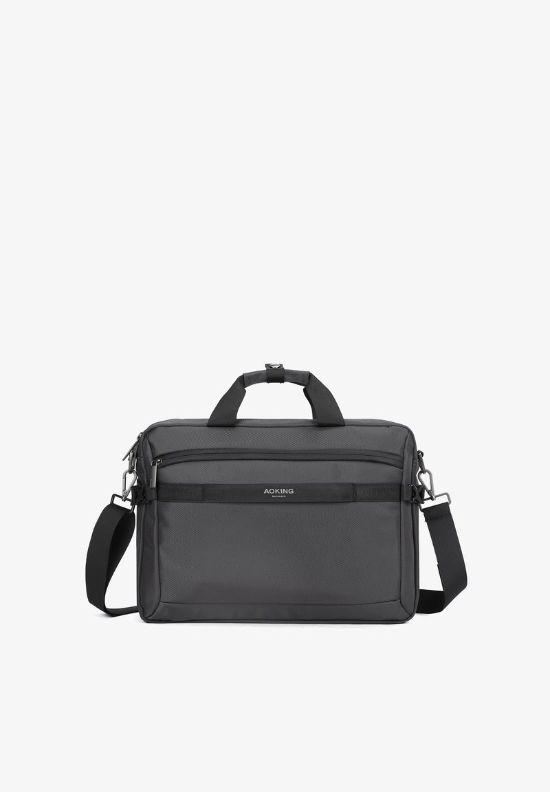 Grijze laptoptas van een gestructureerde stof, met dubbele handvatten aan de bovenkant, een verstelbare schouderriem en een voorzak met rits. Bevat het merkembleem aan de voorkant.