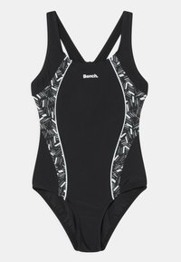 Maillot de bain une pièce noir avec un panneau latéral à motifs géométriques, accents blancs et un logo de marque sur la poitrine. Dispose d'un design dos nageur.