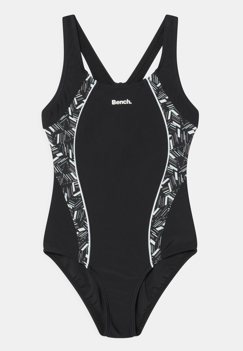 Maillot de bain une pièce noir avec un panneau latéral à motifs géométriques, accents blancs et un logo de marque sur la poitrine. Dispose d'un design dos nageur.
