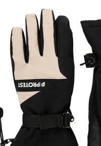 Čierne a béžové zimné rukavice s textúrovaným povrchom, izolovanou výplňou, nastaviteľným remienkom na zápästí a embosovaným logom.
