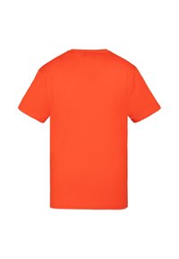 Camiseta de algodón naranja, de manga corta, con un cuello redondo y un color sólido sin logos ni patrones visibles. Vista trasera.