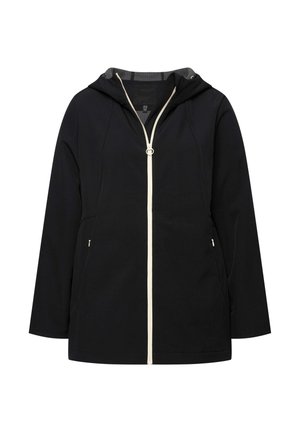 Giacca nera con cappuccio e chiusura a zip, caratterizzata da una zip bianca a contrasto, tasche laterali e texture del tessuto liscia. Design semplice e funzionale.