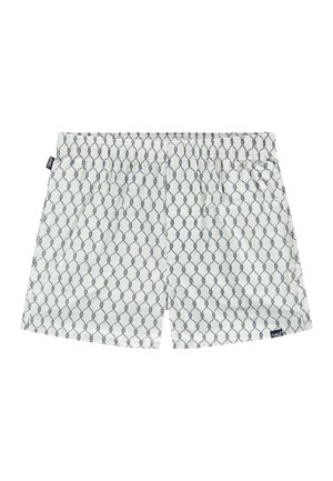 Hvite boksershorts med et grått mønster av sammenvevde tau og elastisk midjebånd, med små svarte merkelapper på sidene.