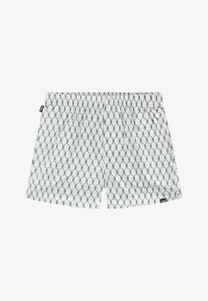 Białe bokserki z szarym wzorem splecionych lin i elastycznym pasem, z małymi czarnymi metkami marki po bokach.