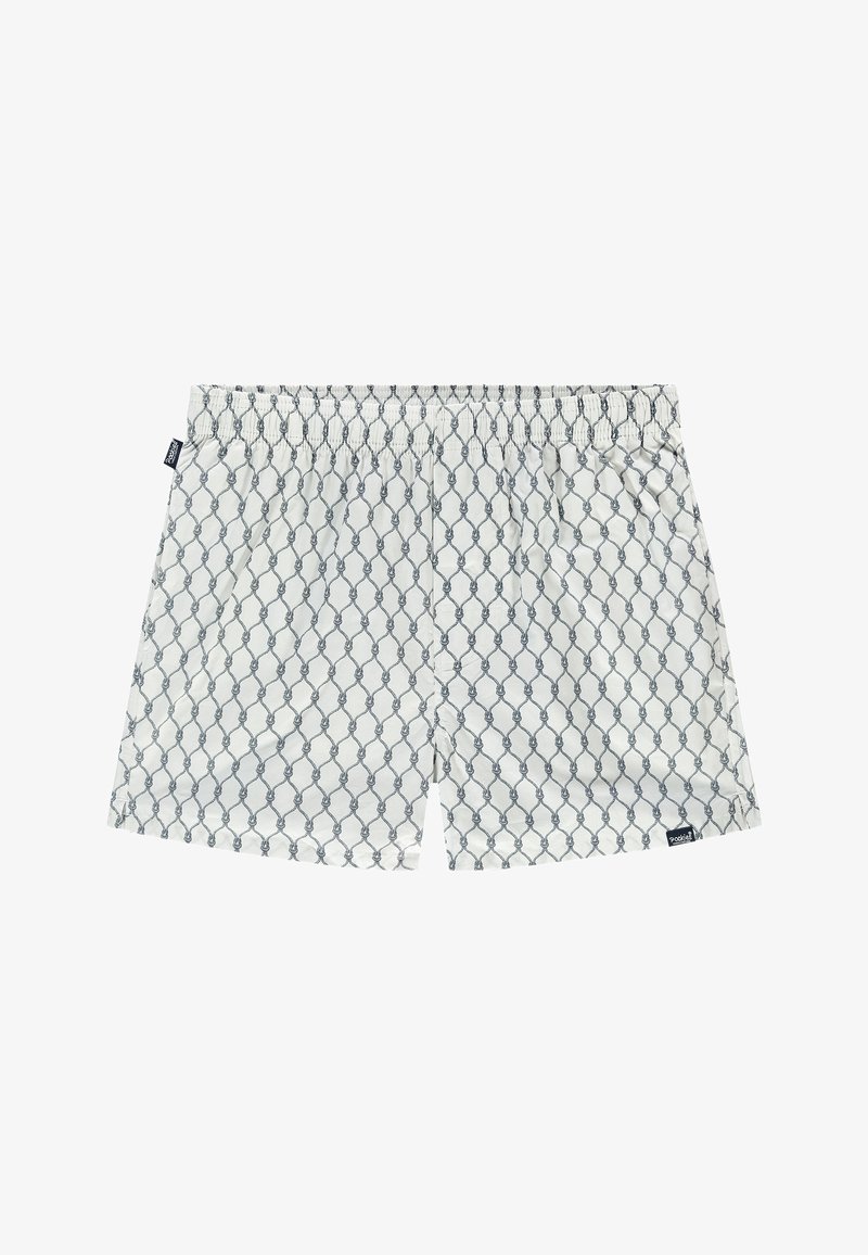 Shorts boxer blancs avec un motif gris de cordes entrelacées et une ceinture élastique, avec de petites étiquettes de marque noires sur les côtés.