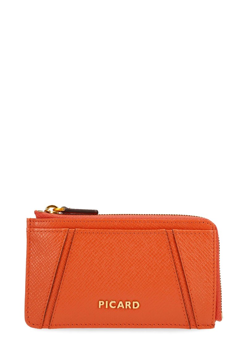 Orange leather wallet with a textured finish, featuring a zip closure and gold-tone hardware. The front displays a raised logo.