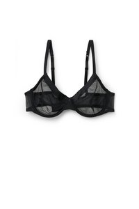Soutien-gorge noir en maille transparente avec armatures et bretelles réglables, présenté à plat sur un fond blanc.