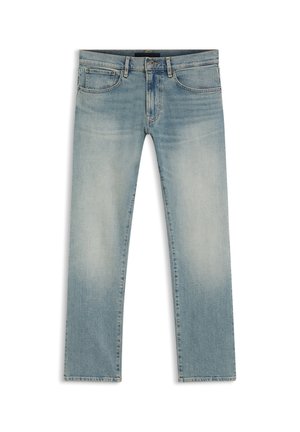 Jeans en denim bleu clair avec devant délavé, cinq poches, passants pour ceinture, bouton et fermeture éclair, présentés à plat sur un fond blanc.