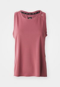 Sleeveless top in rose pink, made of textured fabric. Features a round neck with a black accent band and decorative buttons on the shoulder.