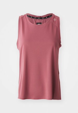 Sleeveless top in rose pink, made of textured fabric. Features a round neck with a black accent band and decorative buttons on the shoulder.