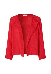 Roter gestrickter Cardigan mit lockerer Passform, offenem Vorderteil und langen Ärmeln. Leichtes Material mit einem subtilen Glanz und ohne Verschlüsse.