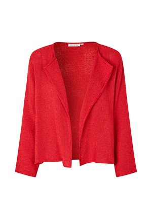 Cardigan rosso a maglia con una vestibilità rilassata, frontale aperto e maniche lunghe. Tessuto leggero con una leggera lucentezza e senza chiusure.