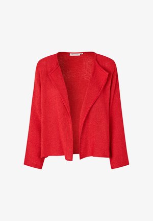 Roter gestrickter Cardigan mit lockerer Passform, offenem Vorderteil und langen Ärmeln. Leichtes Material mit einem subtilen Glanz und ohne Verschlüsse.