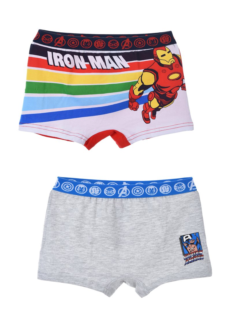Children's boxer shorts: top features Iron Man graphic on a multicolored striped background; bottom is grey with a Captain America badge and blue waistband.