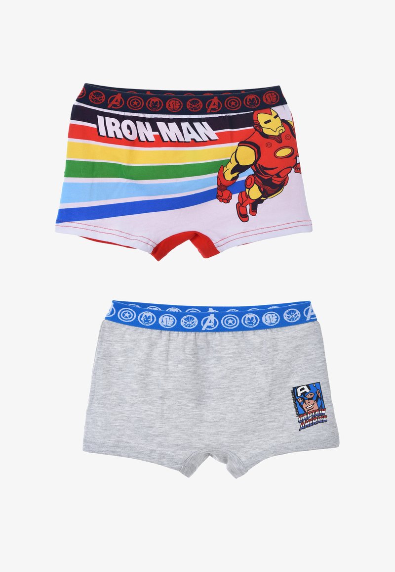 Boxer da bambino: caratteristiche principali grafica di Iron Man su uno sfondo a strisce multicolori; parte inferiore grigia con una patch di Capitan America e vita blu.