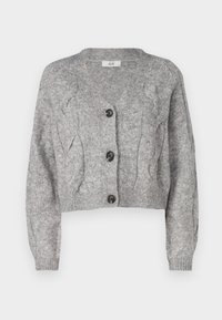 Grijze kabelgebreide cardigan met lange mouwen, V-hals en vijf zwarte knopen. Verkort ontwerp met geribbelde zoom. Zachte, gestructureerde stof.