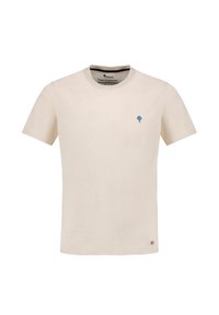 Camiseta de manga corta color beige claro, fabricada en algodón suave, con un pequeño logotipo de árbol azul en el lado izquierdo del pecho y un cuello redondo.