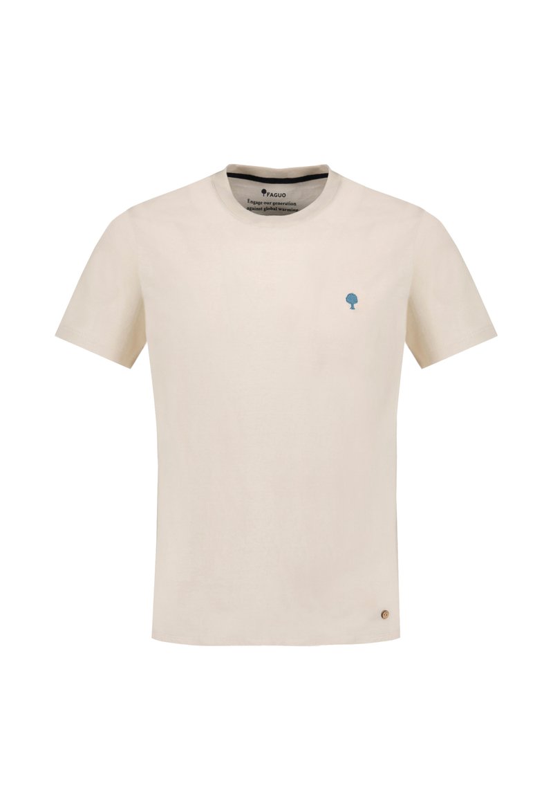 Camiseta de manga corta color beige claro, fabricada en algodón suave, con un pequeño logotipo de árbol azul en el lado izquierdo del pecho y un cuello redondo.