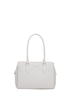 Sac à main rectangulaire blanc avec doubles sangles d'épaule et fermetures éclair des deux côtés, texture lisse, design minimaliste.