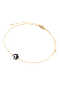 Bead nera su un bracciale di corda beige chiaro, con chiusura a nodo regolabile. Texture liscia con un design semplice.