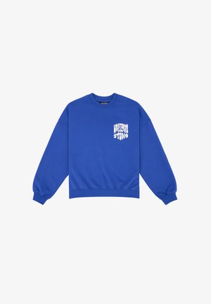 Sweatshirt en coton bleu avec un col rond, des manches longues, des poignets côtelés et un logo graphique blanc sur la poitrine gauche.