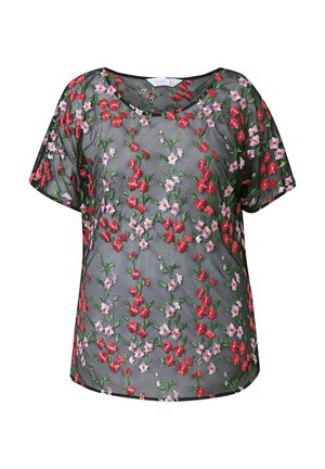 Schwarzes durchsichtiges Oberteil mit buntem, gesticktem Blumenmuster in Rot und Pink. Kurze Ärmel und ein lockerer Schnitt fördern Komfort und Stil.