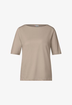 Beżowa bluzka z krótkim rękawem i dekoltem w łódkę. Wykonana z miękkiego materiału, ma luźny krój i gładki design bez wzorów czy akcentów.