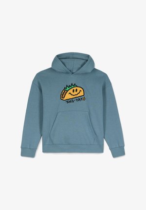 Blauer Baumwoll-Hoodie mit einer Vorderseite Tasche, ausgestattet mit einer gestickten Taco-Grafik und dem Text "Tues-YAY" in Schwarz. Glatte Textur und lässiges Design.