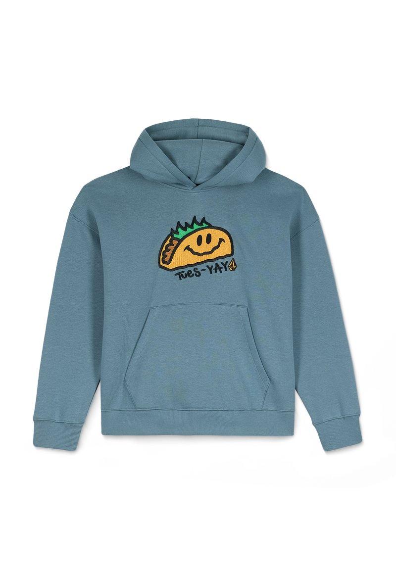 Blauwe katoenen hoodie met een voorzak, voorzien van een geborduurd taco-graphic en de tekst "Tues-YAY" in het zwart. Gladde textuur en casual ontwerp.