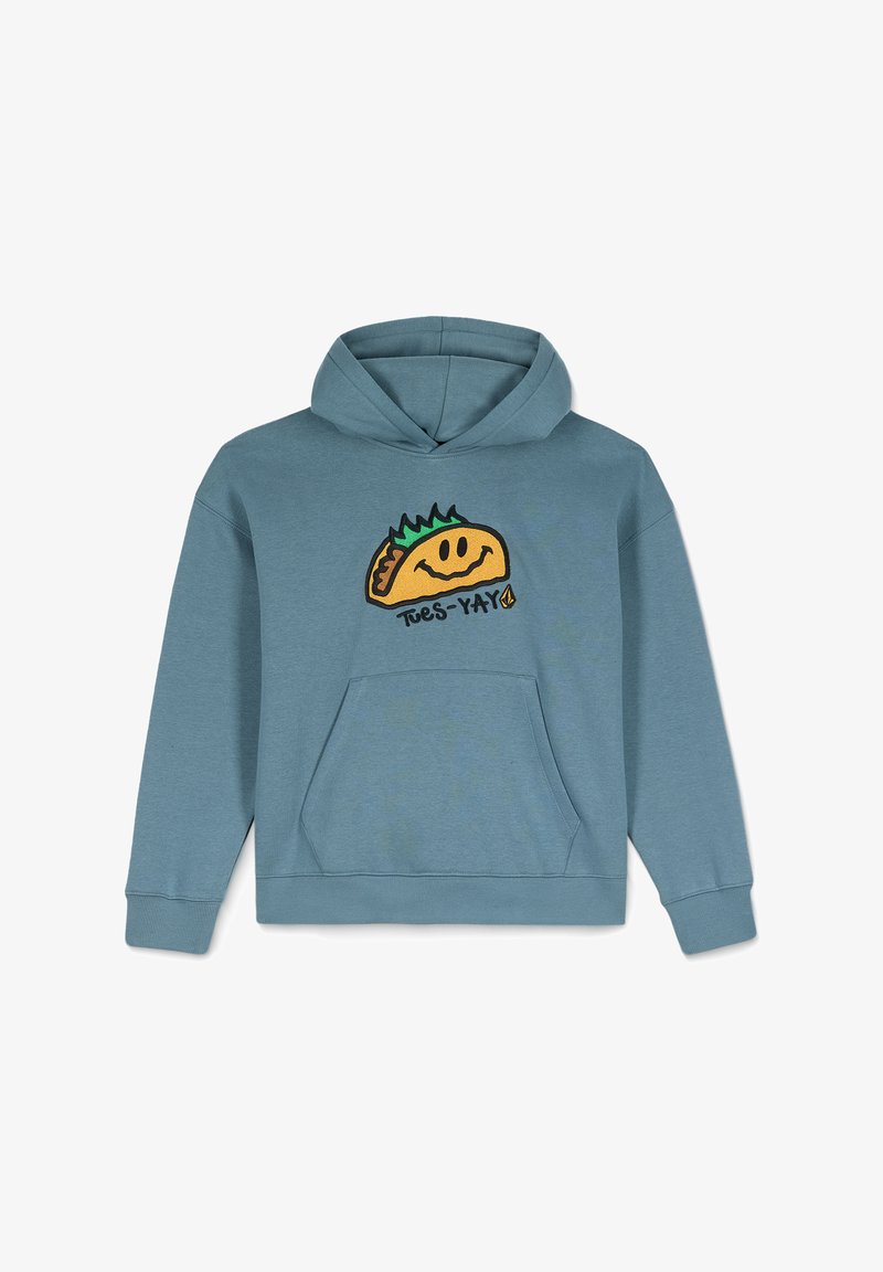 Niebieska bawełniana bluza z kapturem z przednią kieszenią, z haftowanym wzorem tacos i napisem "Tues-YAY" w kolorze czarnym. Gładka tekstura i swobodny design.