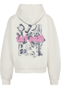 Hvit hettegenser med grafisk design som har teksten "lost youth" i rosa, omgitt av ulike illustrerte gjenstander i svart og hvitt.