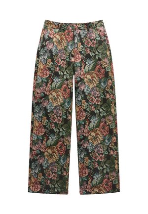 Szerokie spodnie z wielokolorowym wzorem tapicerki w kwiaty w odcieniach zieleni, różu, żółci i niebieskiego, z pętelkami na pasek i bocznymi kieszeniami.