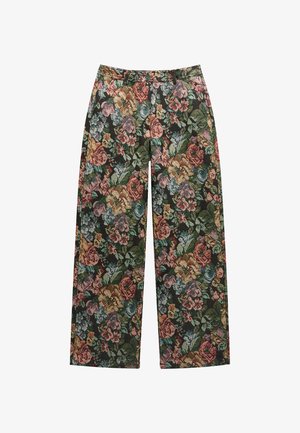 Szerokie spodnie z wielokolorowym wzorem tapicerki w kwiaty w odcieniach zieleni, różu, żółci i niebieskiego, z pętelkami na pasek i bocznymi kieszeniami.