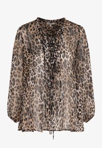 Blouse met luipaardprint van doorschijnende stof, met een V-hals, strikdetail bij de halslijn en lange mouwen met elastische manchetten.