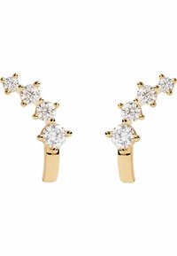 Orecchini color oro con un design curvo, caratterizzati da cinque pietre di zirconia cubica trasparente disposte in un gradiente di dimensioni decrescenti.