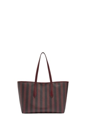 Brązowo-czarna torba na ramię w pionowe paski, z dwoma długimi, cienkimi uchwytami i szerokim, prostokątnym kształtem.