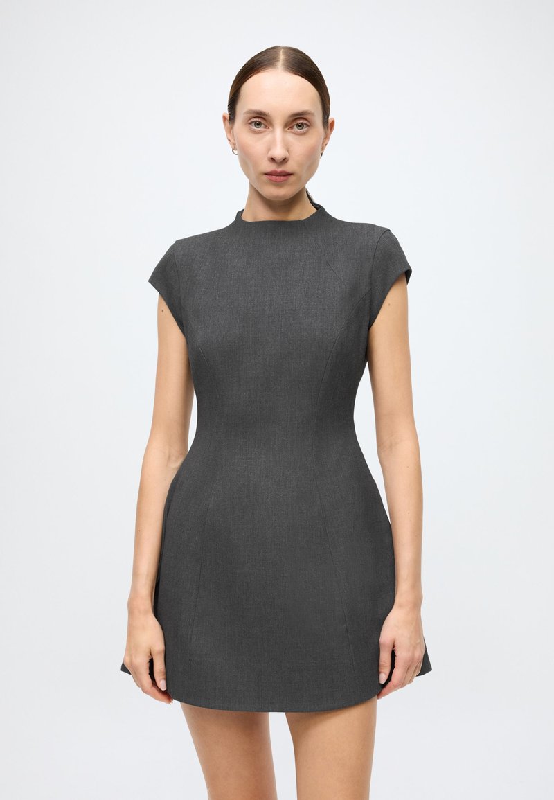 Gray fitted dress with short sleeves, high neckline, and flared skirt. Made of a textured fabric, featuring subtle seam detailing.