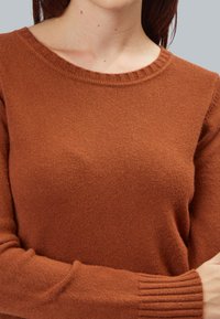 Maglione marrone in morbido filato con scollatura rotonda e polsini a coste, caratterizzato da una superficie liscia e una silhouette aderente.