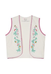 Witte mouwloze top met roze afwerking, voorzien van kleurrijke bloemenborduursels langs de voorranden en zigzagstiksels. Getextureerde stof.