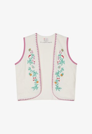 Biała bezrękawnik z różowymi wykończeniami, z kolorowym haftem kwiatowym wzdłuż przednich krawędzi oraz wykończeniem w zygzak. Teksturowany materiał.