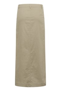 Gonna di lino beige con taglio dritto, lunghezza a metà polpaccio, dotata di una vita e senza abbellimenti visibili o tasche.