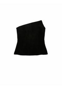 Zwart, gestructureerd korsettop met een asymmetrische halslijn, voorzien van verticale naden en een getailleerde silhouette. Soepele stoftextuur.