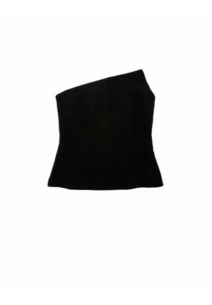 Czarny, usztywniony top korsetu z asymetrycznym dekoltem, z pionowymi szwami i dopasowaną sylwetką. Gładka faktura materiału.