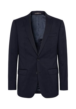 Marineblaues Blazer aus glattem Stoff, mit zwei Knöpfen, Reverskragen und zwei Fronttaschen. Innenfutter aus dunklerem Stoff.