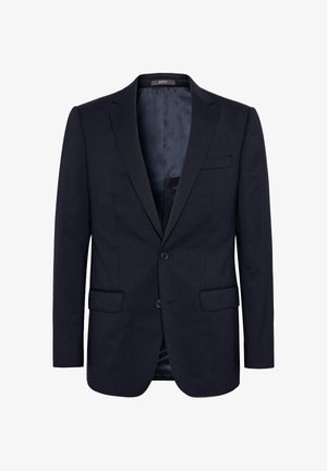 Marineblaues Blazer aus glattem Stoff, mit zwei Knöpfen, Reverskragen und zwei Fronttaschen. Innenfutter aus dunklerem Stoff.
